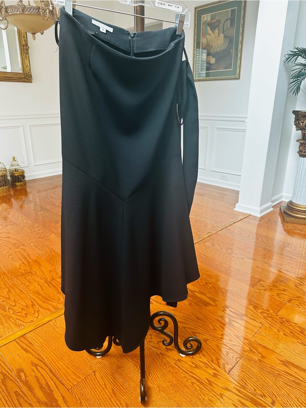 Alberto Makali New York Black Asymmetrical Draped Midi Skirt Size 6 Metal Ring